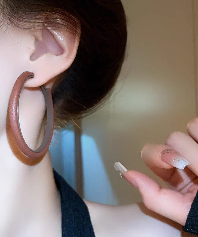 Loose Brown Alloy Leather Circle Hoop Earrings