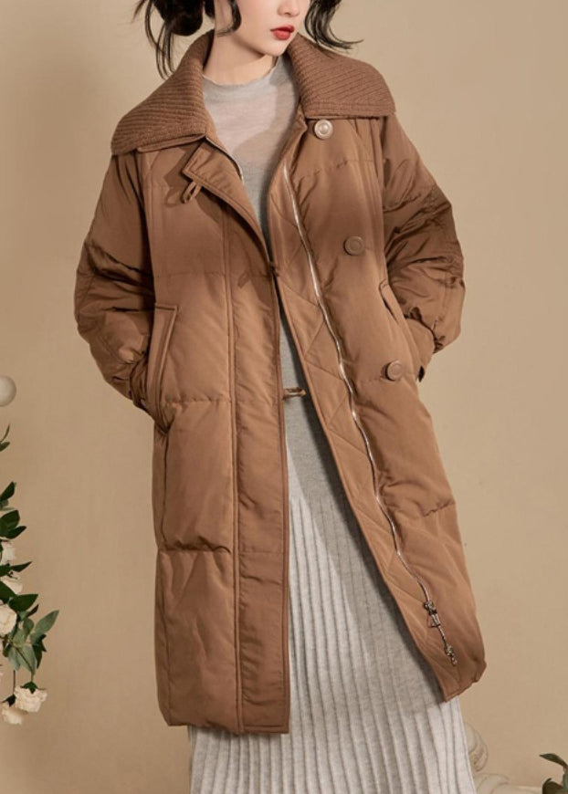 Loose Brown Button Pockets Knit Patchwork Parkas Winter