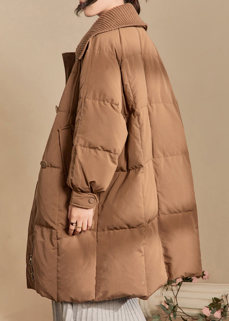 Loose Brown Button Pockets Knit Patchwork Parkas Winter