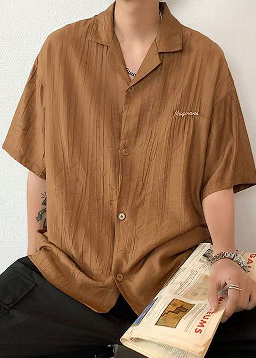 Loose Brown Button Solid Cotton Mens Shirts Half Sleeve