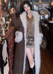 Loose Brown Fur Collar Pockets Patchwork Woolen Long Coats Winter