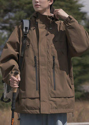 Loose Brown Hooded Zippered Pockets Cotton Men Coat Spring