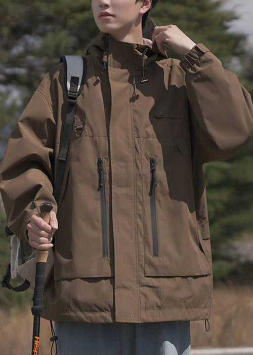 Loose Brown Hooded Zippered Pockets Cotton Men Coat Spring