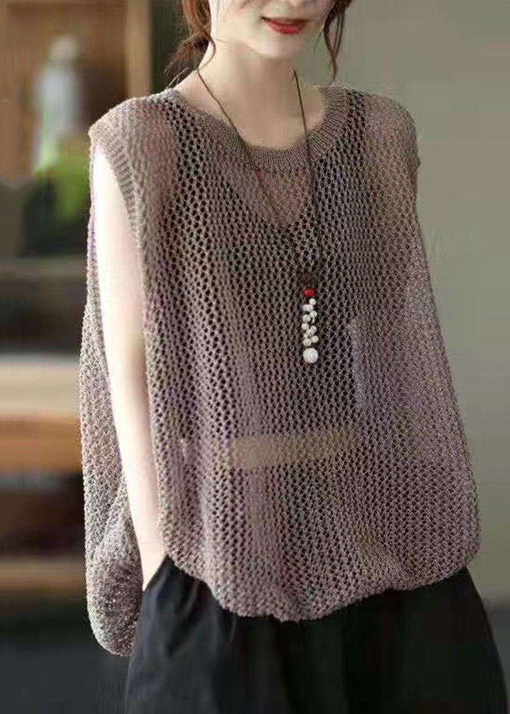 Loose Brown O Neck  Hollow Out Knit Vest Sleeveless