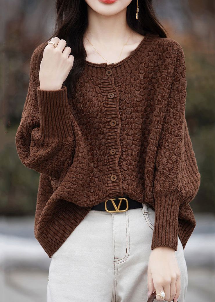 Loose Brown O Neck Button Cotton Knit Sweater Spring