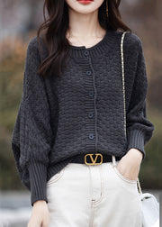 Loose Brown O Neck Button Cotton Knit Sweater Spring