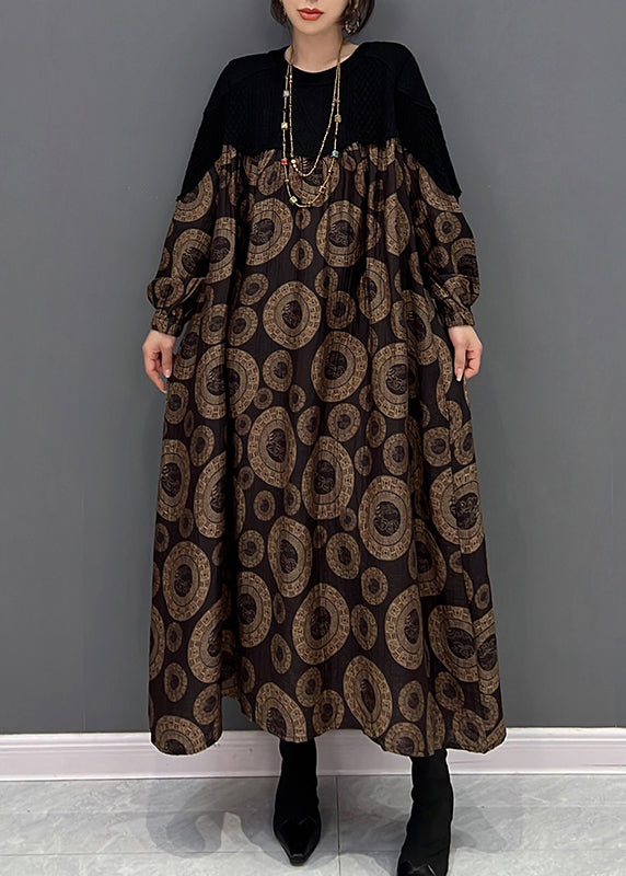 Loose Brown O-Neck Patchwork Dot Print Maxi Dress Fall