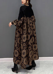 Loose Brown O-Neck Patchwork Dot Print Maxi Dress Fall