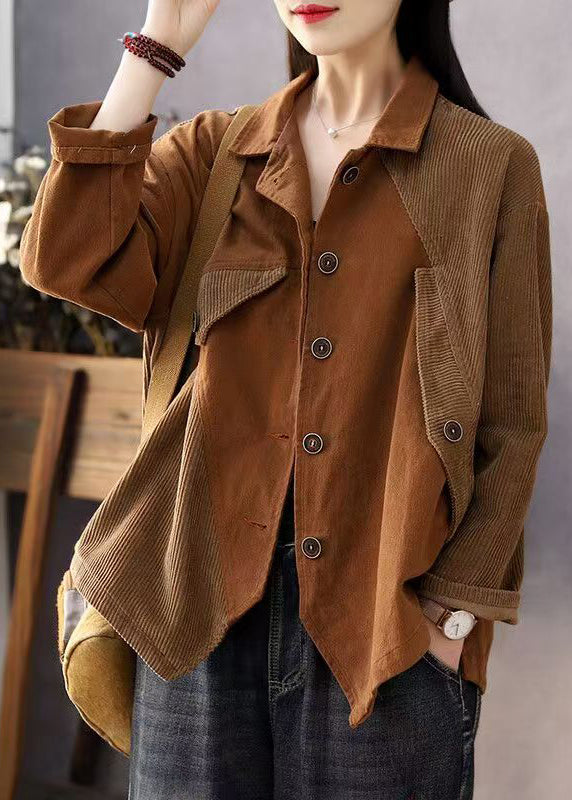 Loose Brown Peter Pan Collar Button Patchwork Corduroy Coats Spring