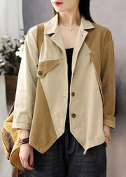 Loose Brown Peter Pan Collar Button Patchwork Corduroy Coats Spring