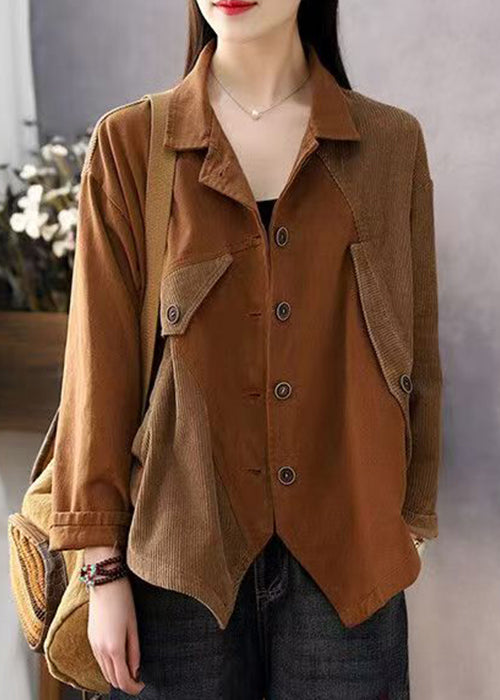 Loose Brown Peter Pan Collar Button Patchwork Corduroy Coats Spring