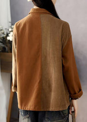 Loose Brown Peter Pan Collar Button Patchwork Corduroy Coats Spring