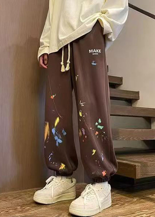 Loose Brown Pockets Elastic Waist Warm Fleece Men Pants Spring