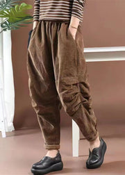 Loose Brown Pockets Wrinkled Elastic Waist Corduroy Pants Spring