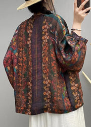 Loose Brown Print Button Linen Shirt Long Sleeve