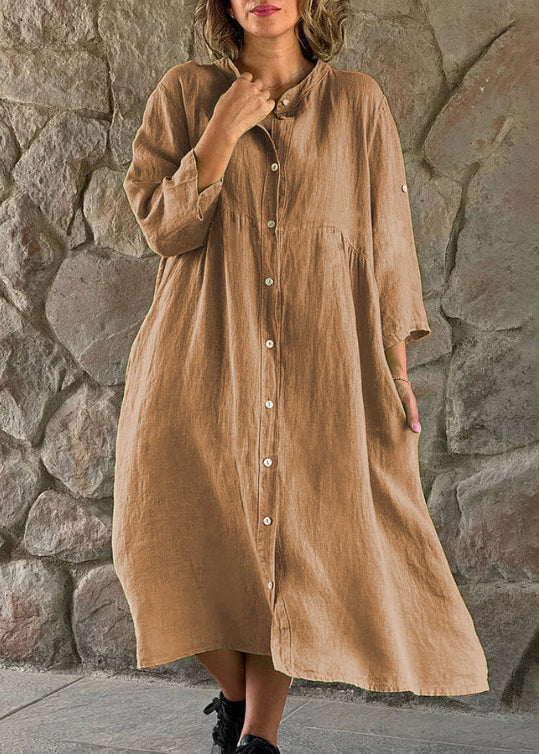 Loose Brown Stand Collar Button Cotton Blouses Dress Long Sleeve