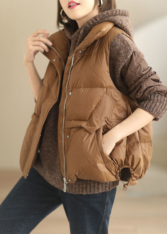 Loose Brown Stand Collar Zip Up Drawstring Duck Down Vest In Winter