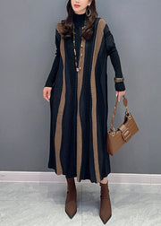 Loose Brown Striped Turtleneck Patchwork Knit Long Dresses Long Sleeve