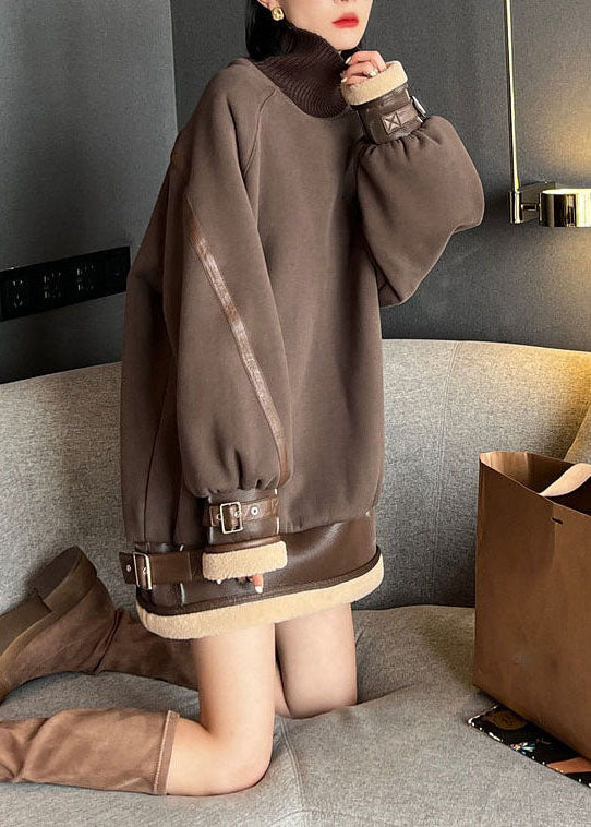 Loose Brown Turtleneck Patchwork Cotton Pullover Streetwear Fall