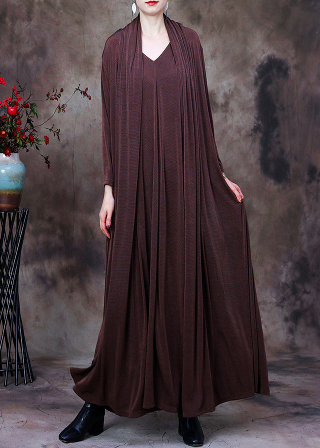 Loose Brown V Neck Fake Two Pieces Silk Long Dresses Long Sleeve