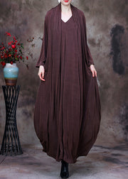 Loose Brown V Neck Fake Two Pieces Silk Long Dresses Long Sleeve