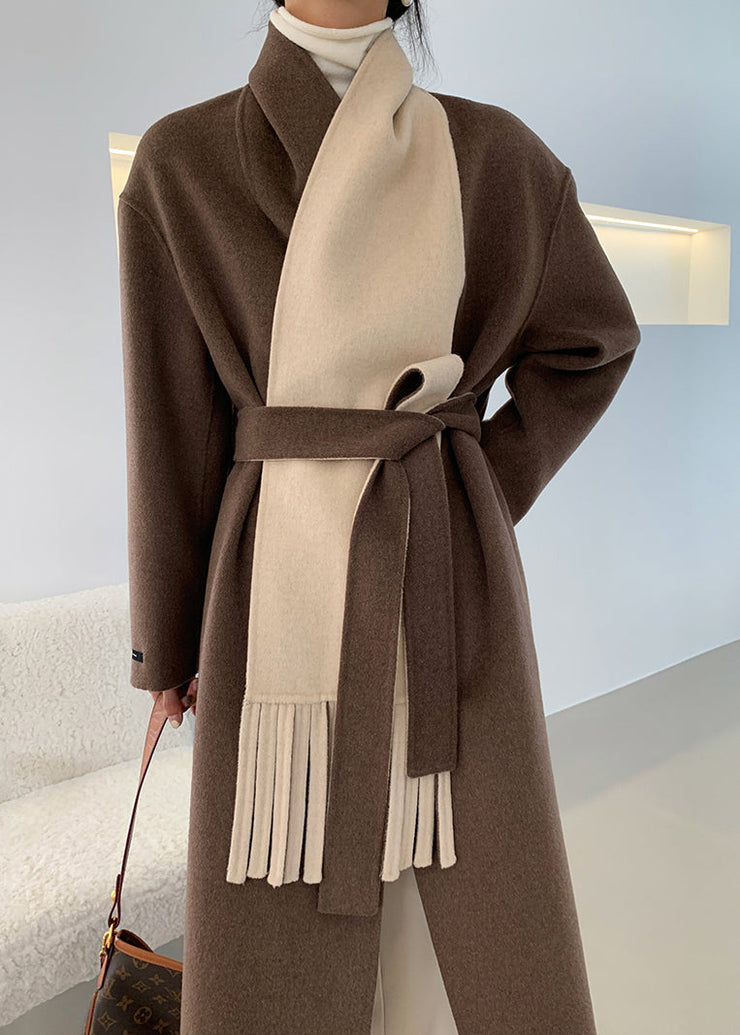 Loose Brown V Neck Tie Waist Double Sided Cashmere Long Coat Fall