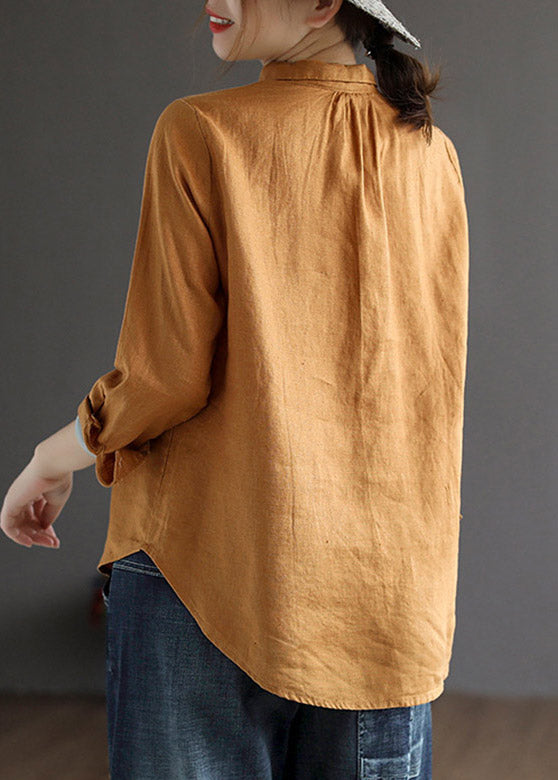 Loose Brown Yellowe Peter Pan Collar Embroideried Button Linen Shirt Long Sleeve