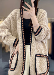 Loose Camel Hollow Out Patchwork Cotton Knit Cardigan Fall