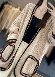 Loose Camel Hollow Out Patchwork Cotton Knit Cardigan Fall