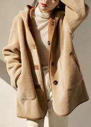 Loose Camel Hooded Pockets Patchwork Wear On Both Sides Woolen Coats Winter