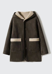 Loose Camel Hooded Pockets Patchwork Wear On Both Sides Woolen Coats Winter