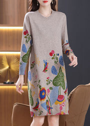 Loose Camel O Neck Side Open Wool Knit Dress Spring