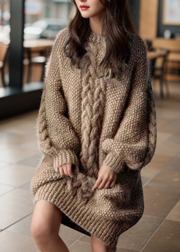 Loose Camel O-Neck Solid Cable Cotton Knit Sweaters Winter