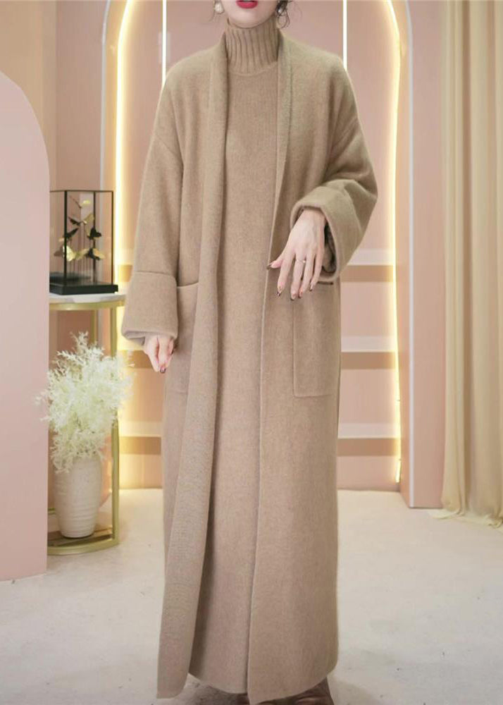 Loose Camel Pockets Woolen Cardigan And Turtleneck Knit Dress Two Piece Set Winter