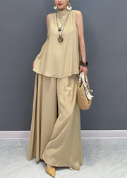 Loose Camel Tops And Wide Leg Pants Cotton Two Pieces Set Sleeveless