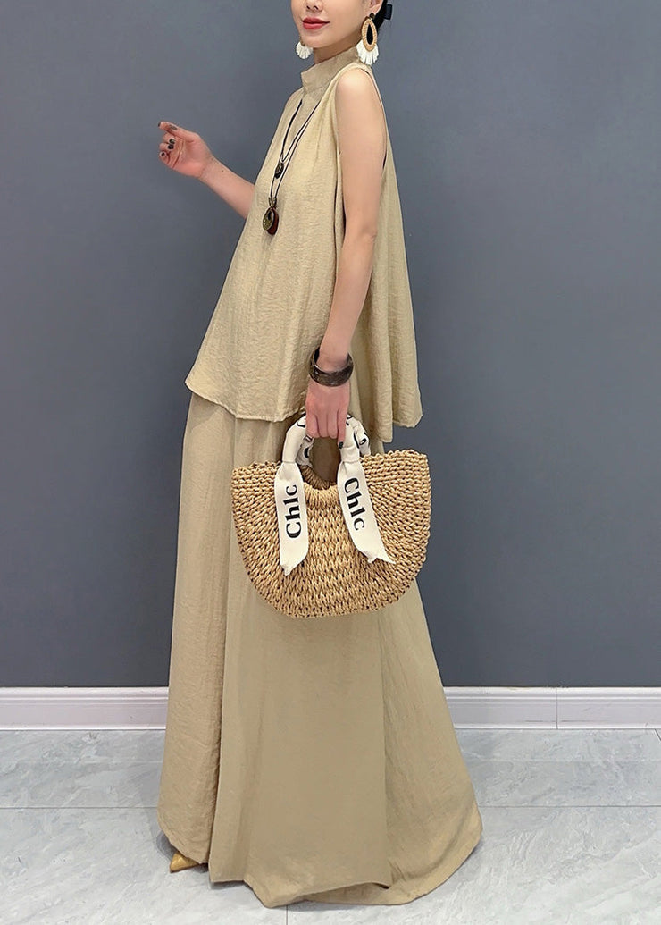 Loose Camel Tops And Wide Leg Pants Cotton Two Pieces Set Sleeveless