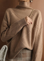 Loose Camel Turtleneck Plaid Woolen Sweater Spring