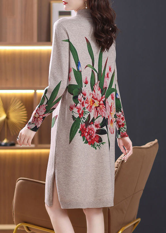 Loose Camel Turtleneck Print Wool Knit Dress Long Sleeve