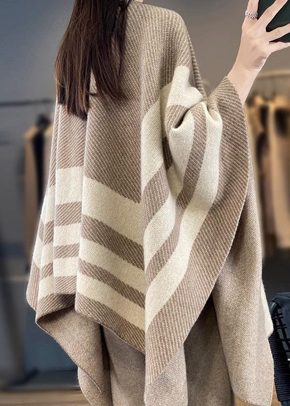 Loose Camel V Neck Striped Patchwork Wool Cape Cardigans Fall