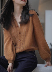 Loose Caramel Button Hollow Out Knit Sweater Spring