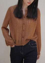 Loose Caramel Button Hollow Out Knit Sweater Spring