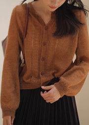 Loose Caramel Button Hollow Out Knit Sweater Spring