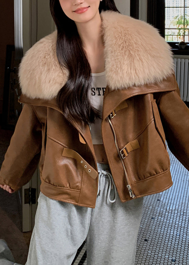 Loose Caramel Fur Collar Zippered Faux Suede Down Coats Winter