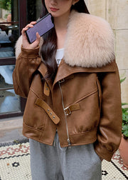 Loose Caramel Fur Collar Zippered Faux Suede Down Coats Winter