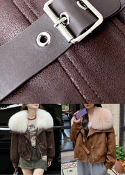 Loose Caramel Fur Collar Zippered Faux Suede Down Coats Winter