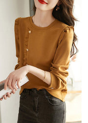 Loose Caramel O-Neck Ruffled Button Cotton Sweatshirts Top Spring