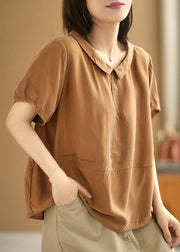 Loose Caramel Peter Pan Collar Solid Silk Cotton Tops Summer