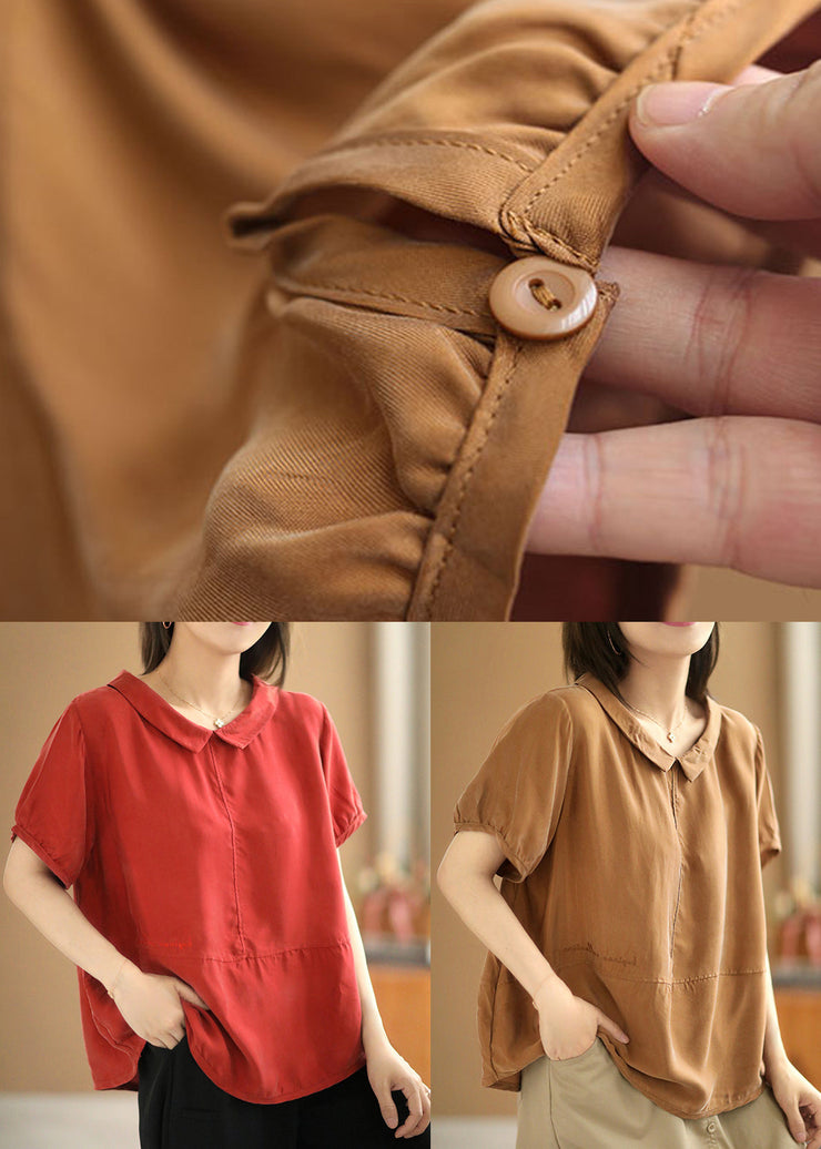 Loose Caramel Peter Pan Collar Solid Silk Cotton Tops Summer