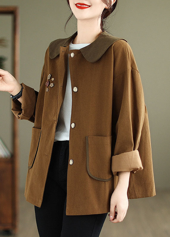 Loose Caramel Pockets Patchwork Coats Fall