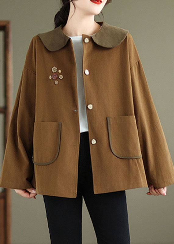 Loose Caramel Pockets Patchwork Coats Fall